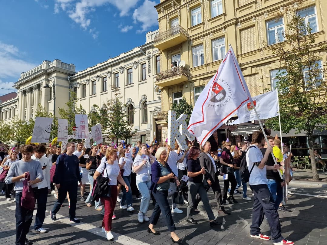 Students are marching in the parade.     